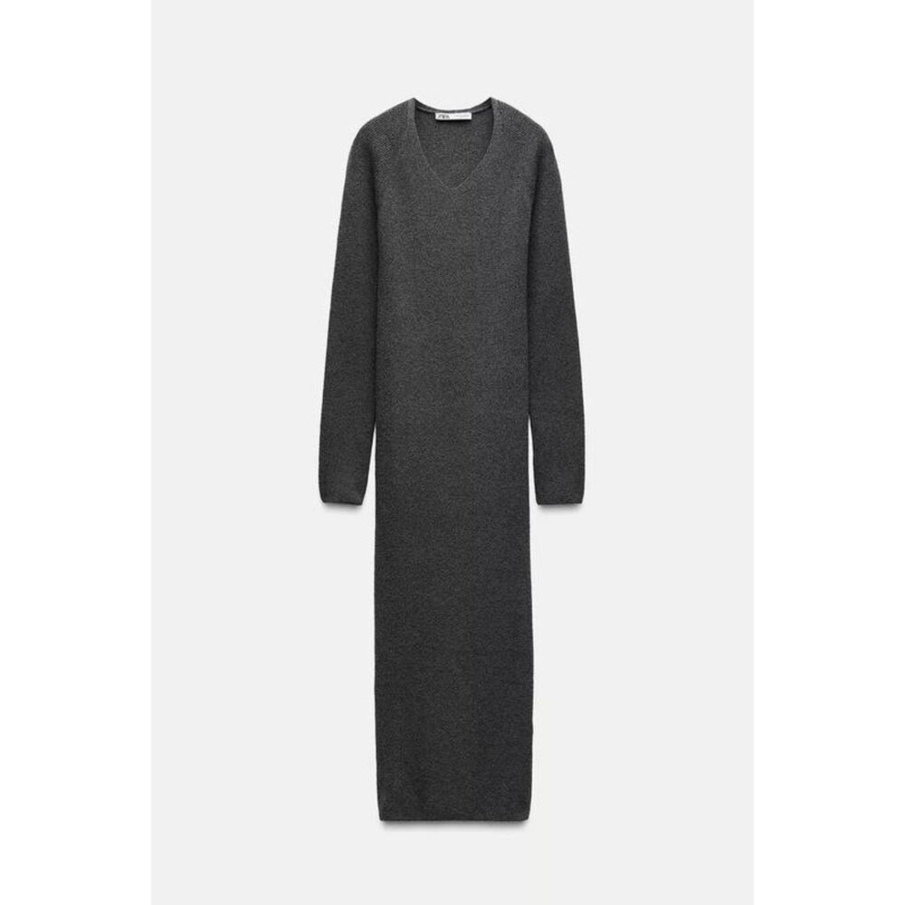 Gray Zara V-Neck Long Sleeve Textured Knit Pullover Midi Dress (NWT) - Picture 4 of 4